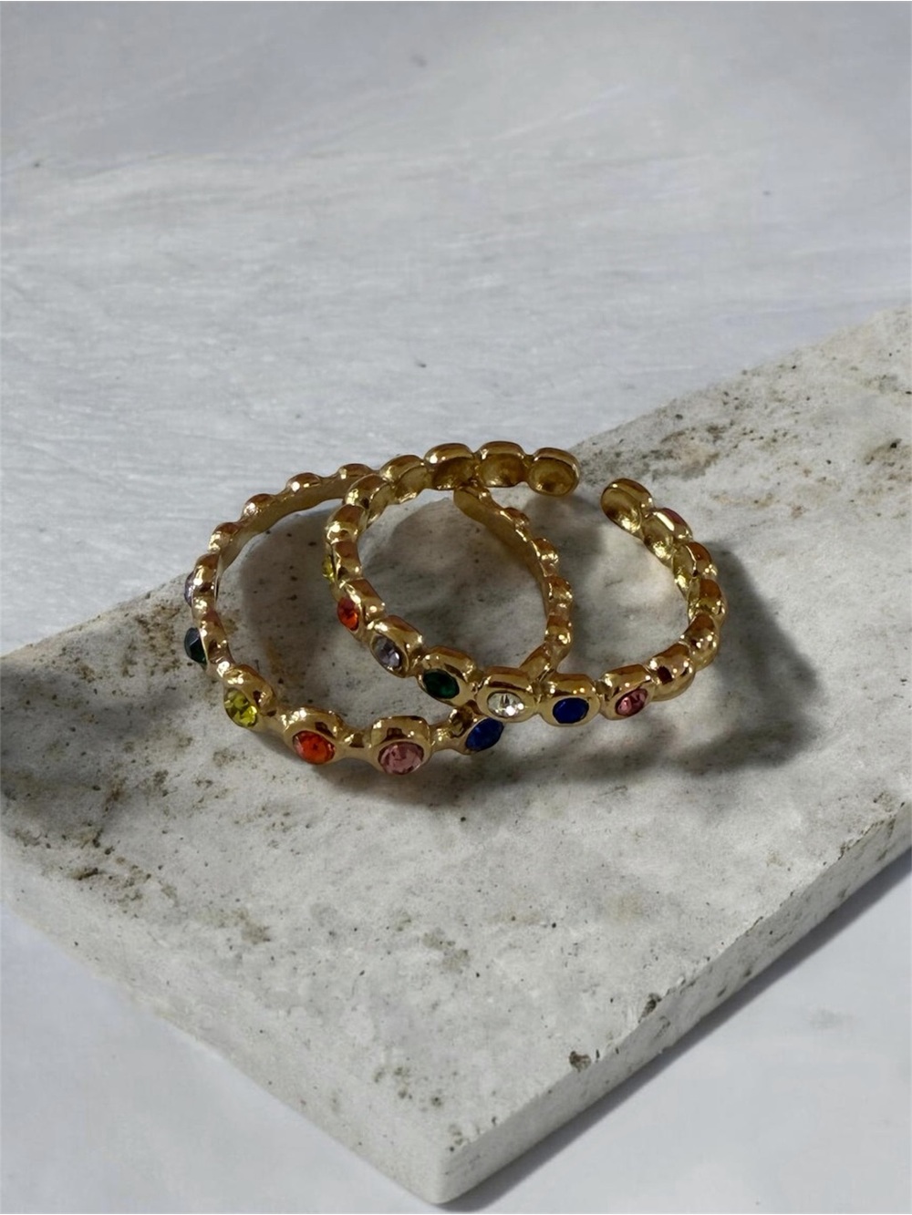 Multicolor CZ Stackable Adjustable Rings Set of 2 NWT Gold Plated PVD Coated